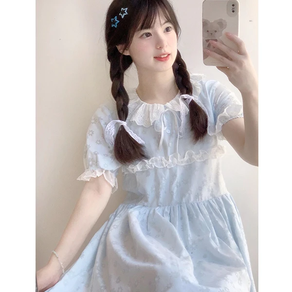 1083夏季法式初恋甜美蓝色娃娃领泡泡袖收腰中长款公主连衣裙女