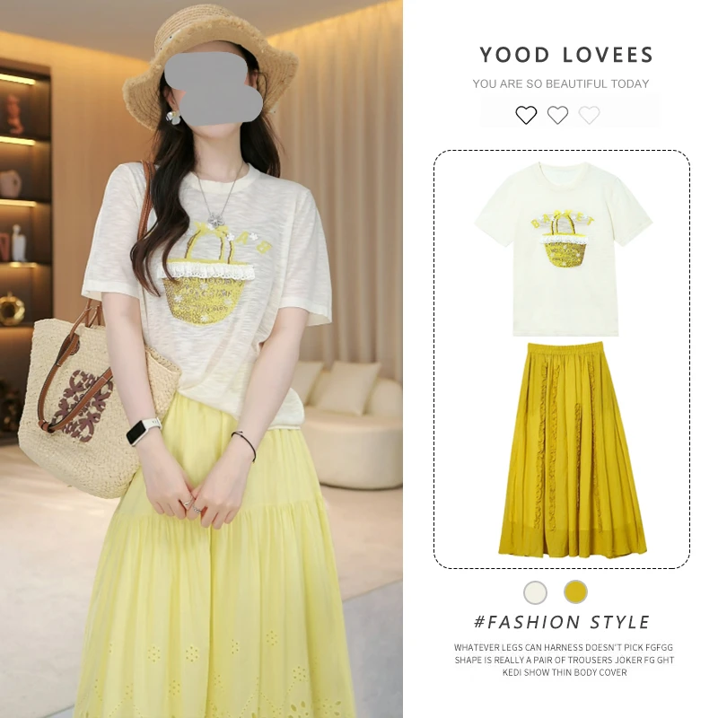 巨好看的夏装一整套白色印花宽松短袖上衣女温柔风韩系半身裙套装