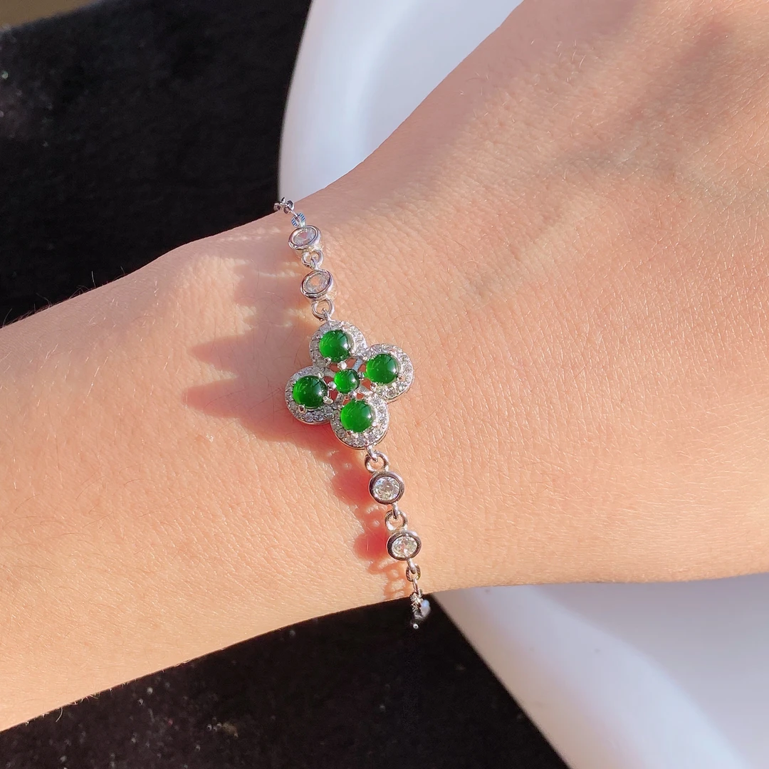 天然翡翠A货阳绿设计款手链通体S925银镶嵌