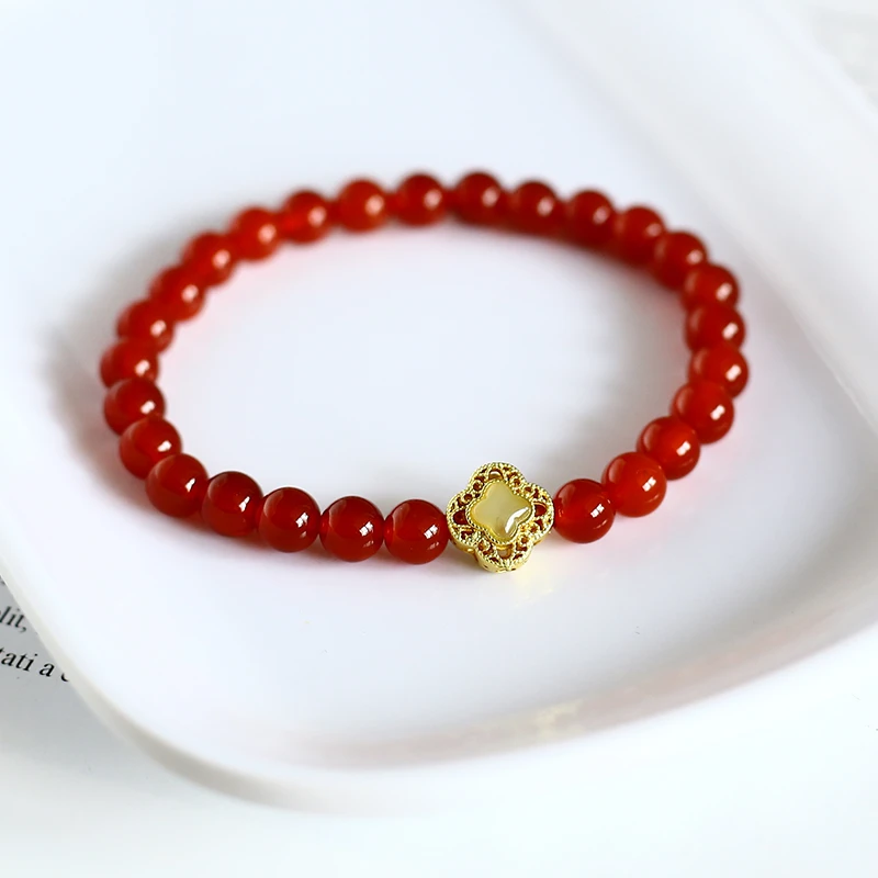 A08-天然红玛瑙手串 四叶草手链 颜色微差 多样性发一1009012