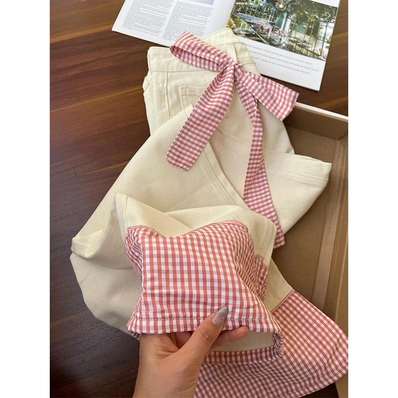 大码粉色蝴蝶结绑带格子拼接牛仔裤女2025夏季新款显瘦百搭阔腿裤