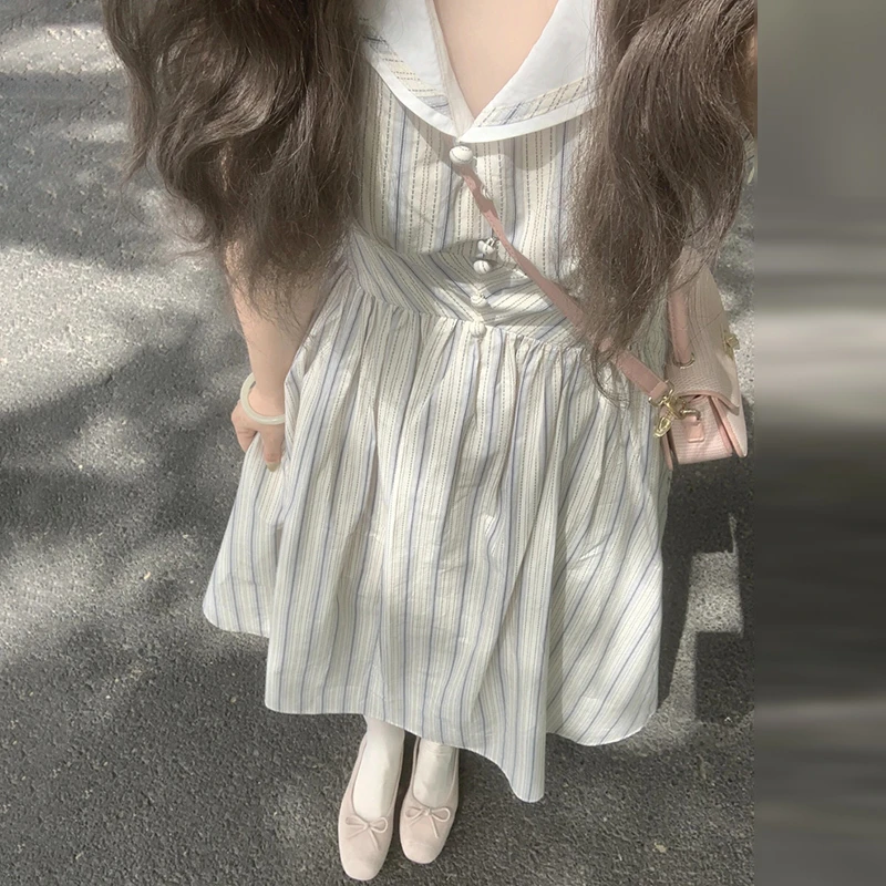 2025新款海军领无袖背心连衣裙子女夏季气质收腰蓝色条纹长裙3233