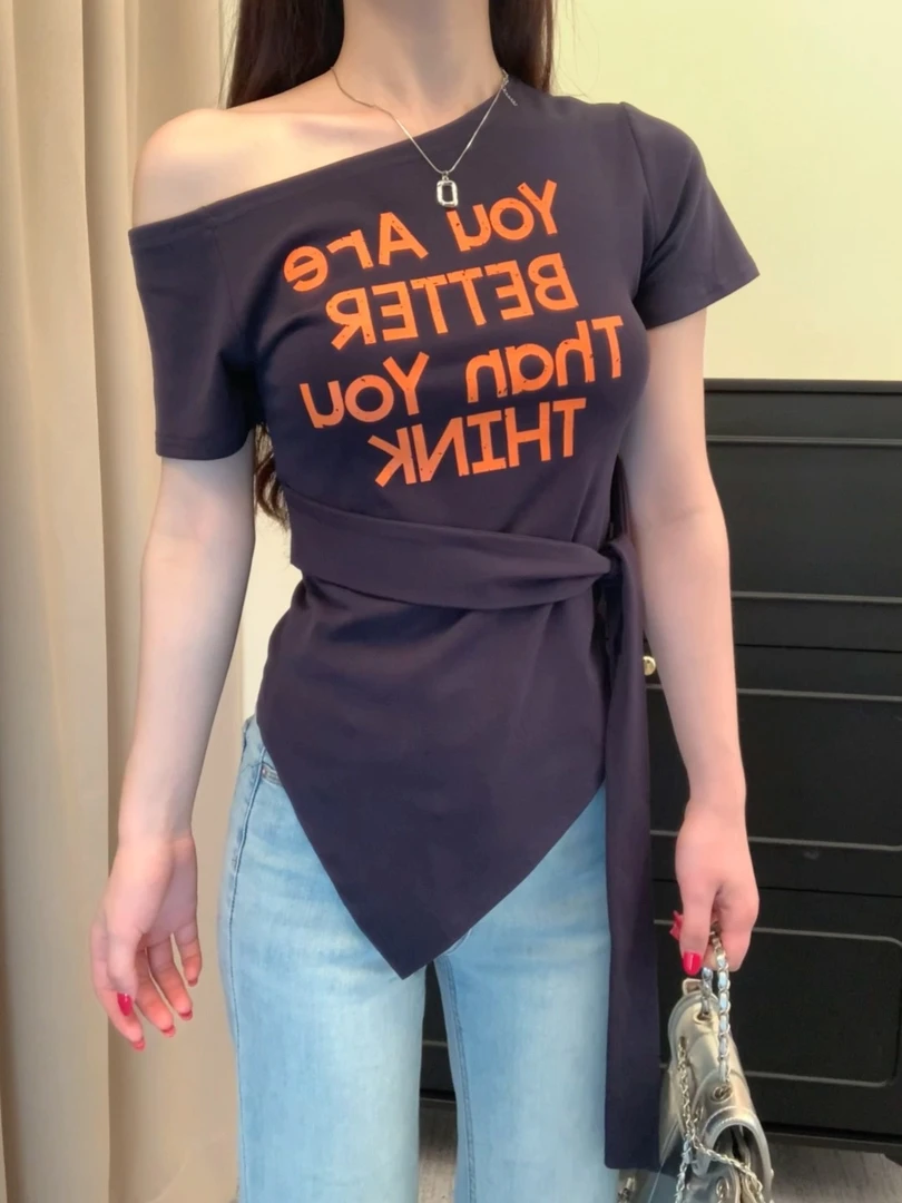 显瘦v领不规则开叉正肩短袖T恤女夏2025修身辣妹气质收腰百搭上衣