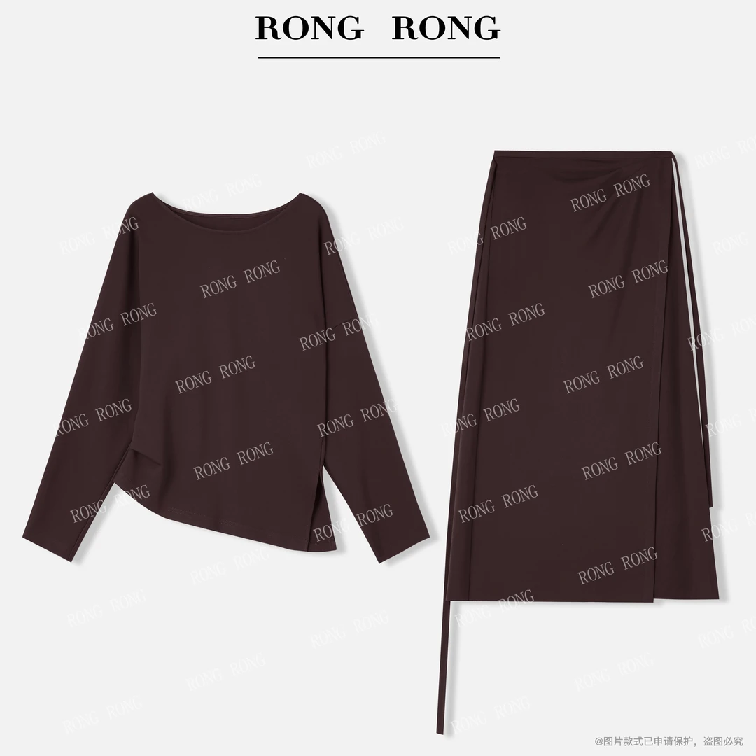 溶溶【琥珀流云】RONG 蝙蝠袖捏褶慵懒风上衣半裙套装F26QT5064-1