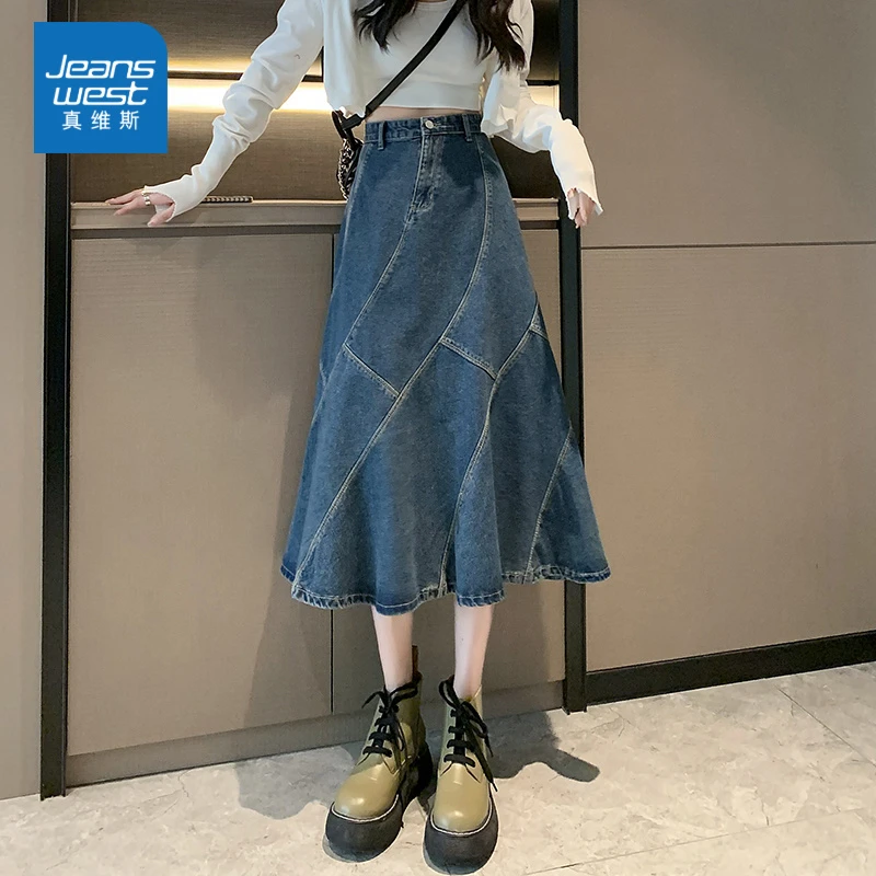 真维斯牛仔鱼尾半身裙女2025秋冬新款中长裙子气质显瘦a字小个子