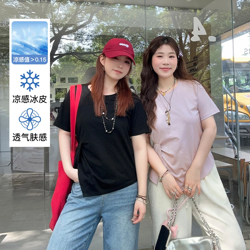 YUZI/鱼子2025夏季短袖常规T恤U型领大码纯色胖mm拼接设计感褶皱
