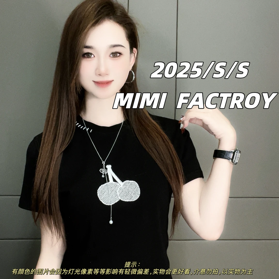 芈芈 2025新款短袖 时尚刺绣樱桃T恤女修身显瘦上衣2590#