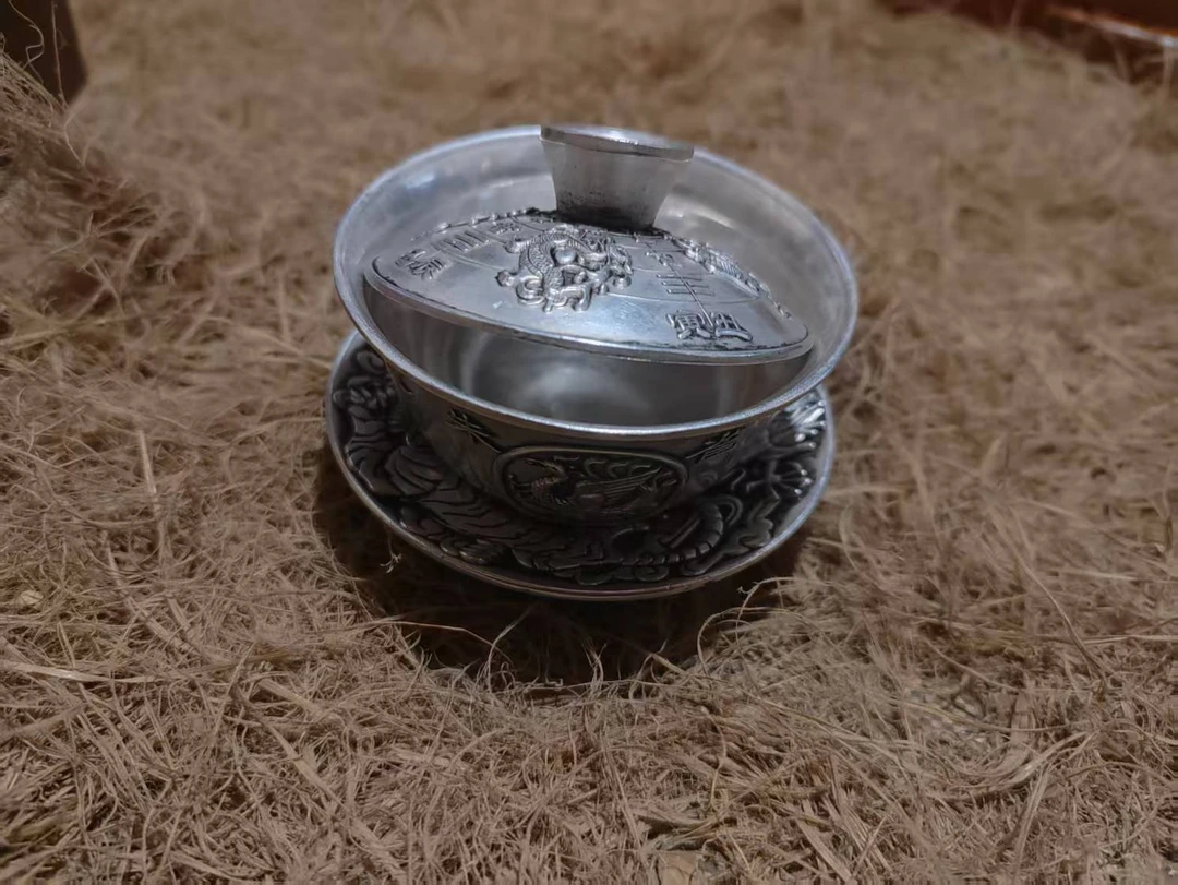 银茶盖碗（流水摆件）