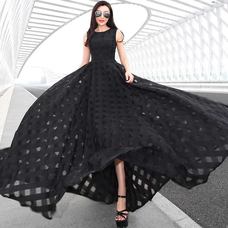 显瘦无袖欧美吊带裙长款连衣裙黑色沙滩裙修身夏季高腰大摆修身