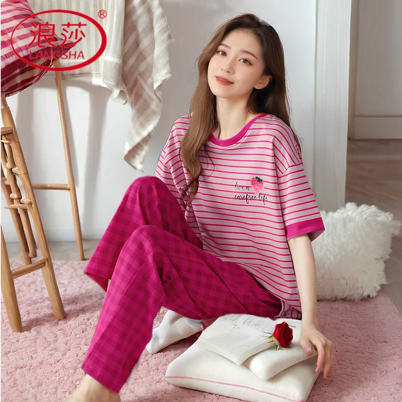 浪莎带胸垫睡衣女夏季短袖长裤可外穿家居服套装宽松薄款休闲套装