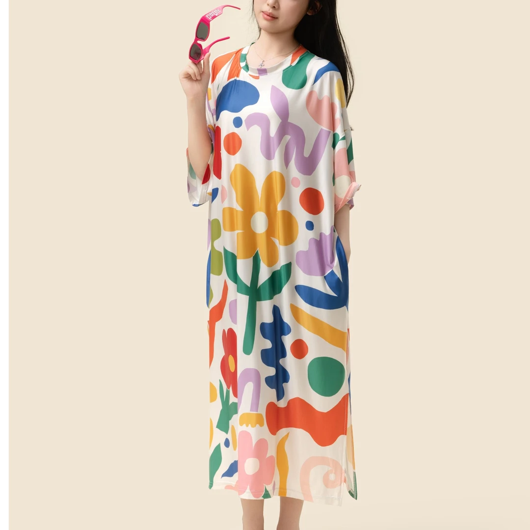 艺术鸭新款花园舞曲夏季家居服抗菌凉感宽松中长款原创睡衣女款