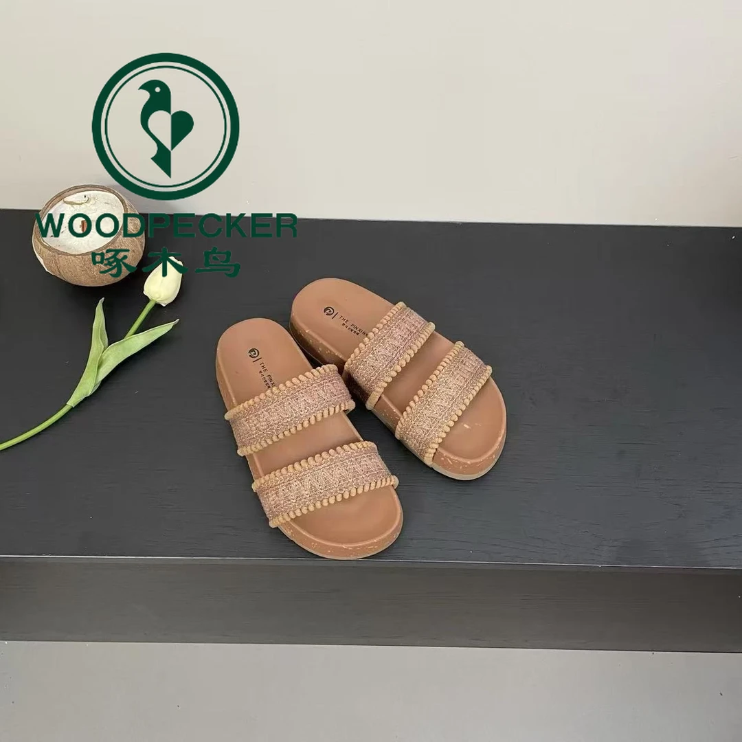 啄木鸟超火韩系编织一字拖鞋女夏外穿2025新款软木度假勃肯凉拖鞋