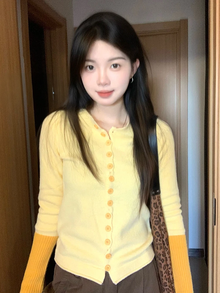 拼接针织开衫女慵懒风设计感毛衣修身打底短款内搭上衣I4-92