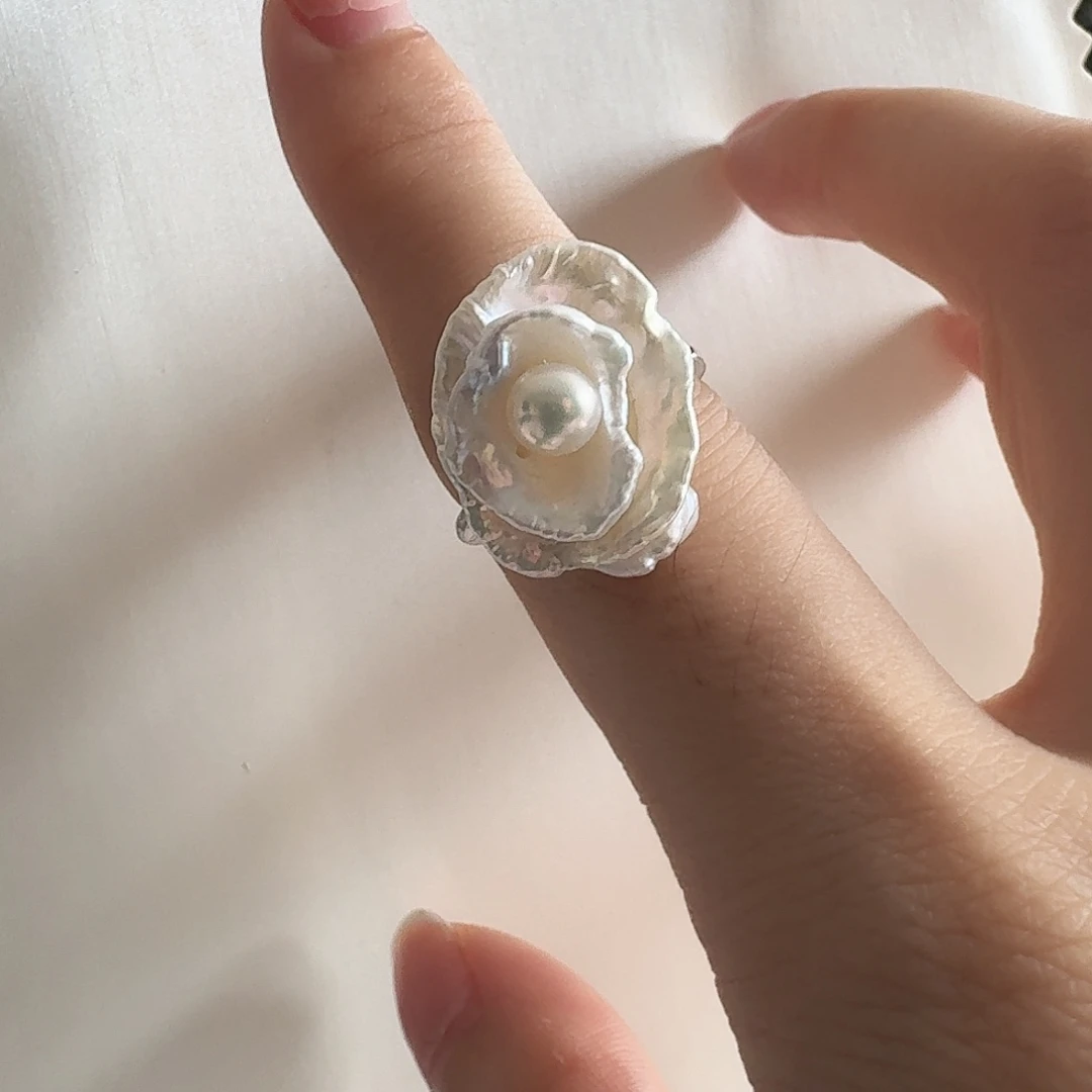 银S925镶嵌戒指淡水珍珠白色荷包蛋戒指