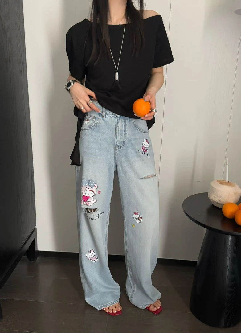 【露露】GD#韩系显瘦KT猫破洞直筒洗水拖地裤#5759（裤长100cm ）