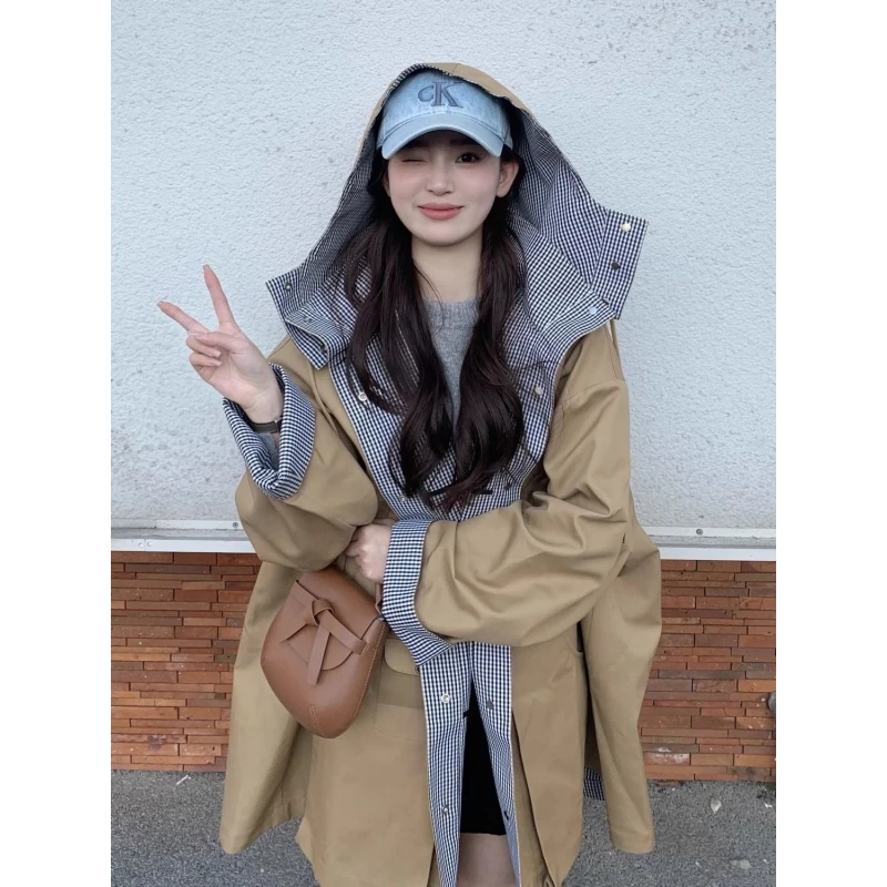 特大码300斤韩系潮牌格子拼接夹克衫秋冬男女男女复古连帽冲锋衣