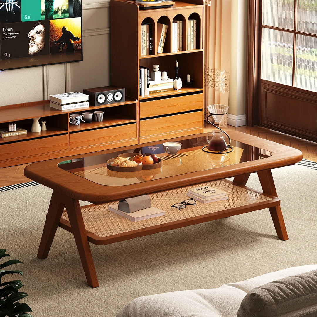 全实木茶几客厅家用2025新款高级阳台小户型玻璃极简中古藤编茶桌