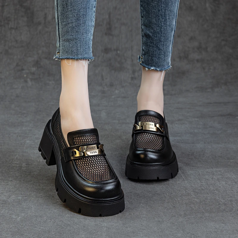 【老龙原创】7cm头层牛皮夏季英伦风镂空凉鞋女增高厚底网面乐福鞋