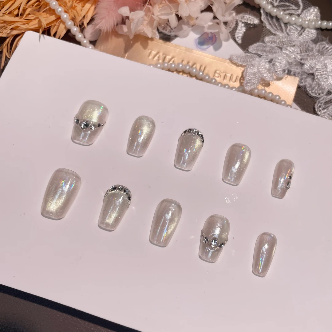 A2385『冰透极光』温柔冰透爆闪镭射极光锆石钢珠拼钻纯手工穿戴甲