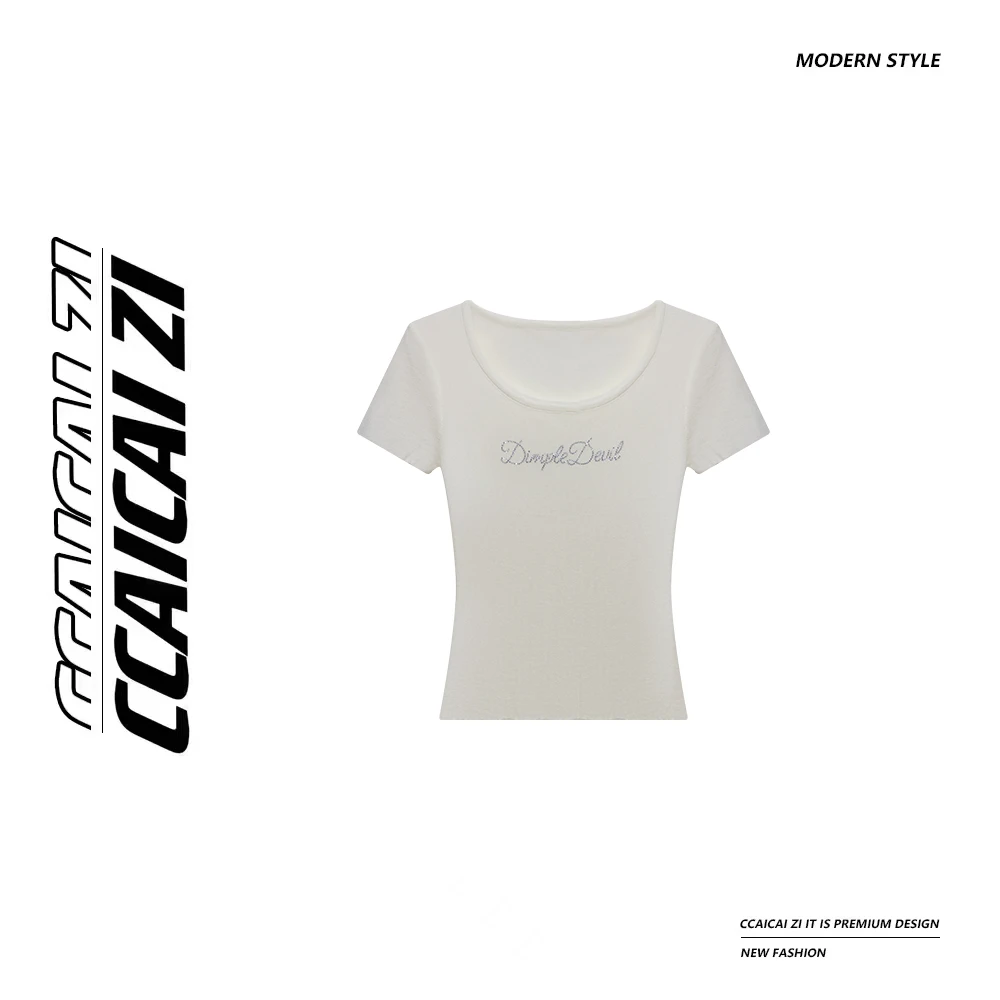 [no退no换]【璀璨恋人】莱赛尔圆领辣妹字母烫钻短款短袖上衣Y126