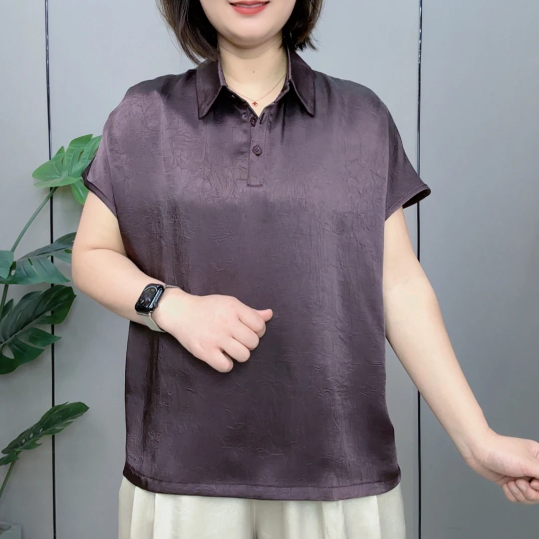休闲提花纽扣西装领短袖T恤潮流芭蕾迷彩网红阔太太气质上衣