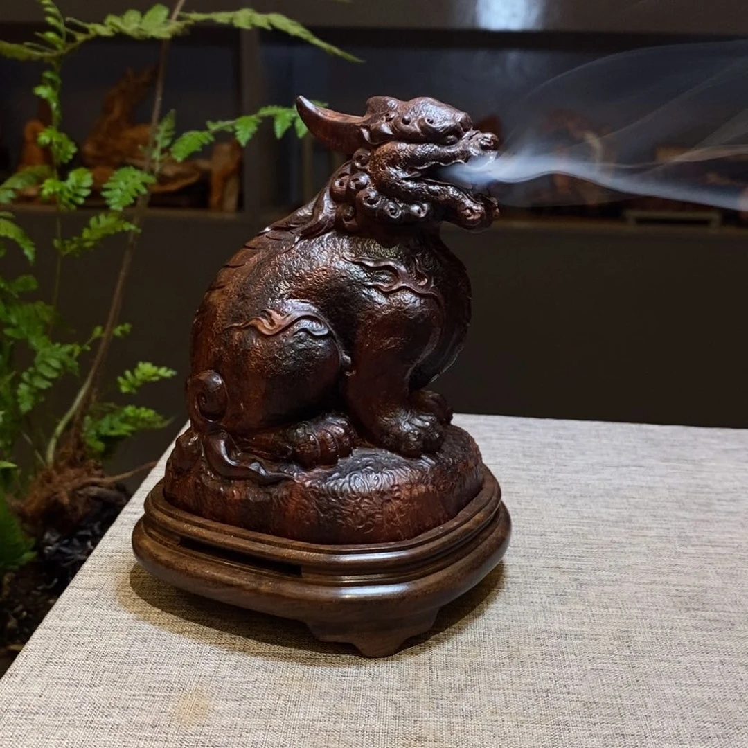 钰***桌染料紫檀（血檀）麒麟香炉摆件香炉
