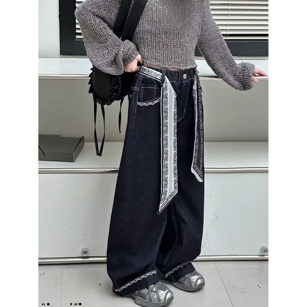 女童丝带牛仔裤2025秋季新款宽松复古水洗简约阔腿直筒时尚长裤潮