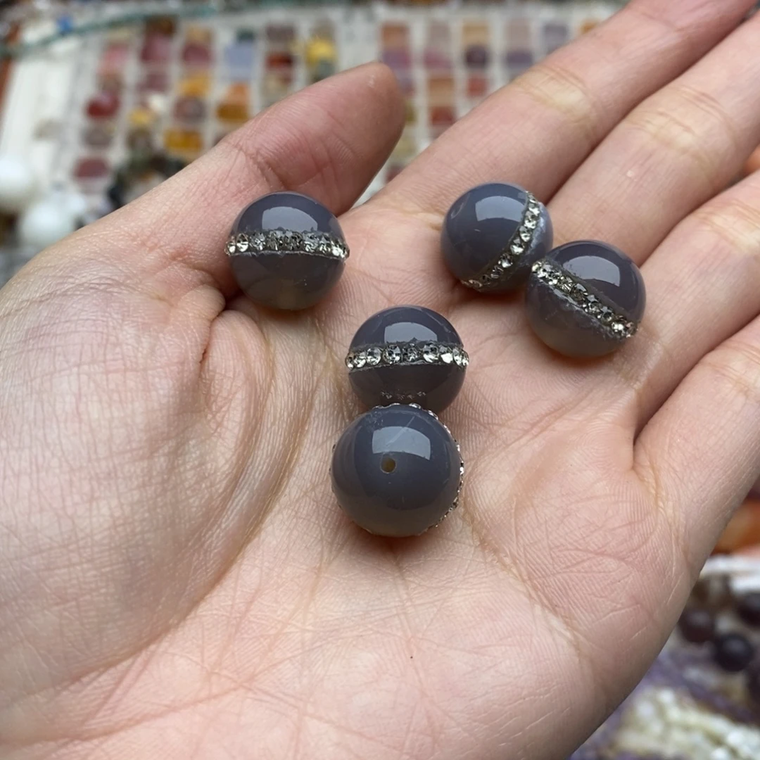 玛瑙/玉髓未镶嵌珠宝半成品五个装纯天然带钻灰玛瑙14mm