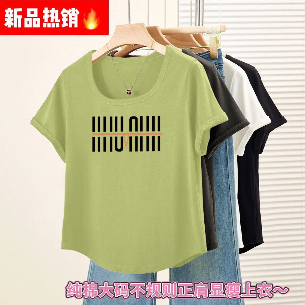 夏季方领不规则弧形下摆大码百搭印花新款女士显瘦纯棉短袖T恤衫