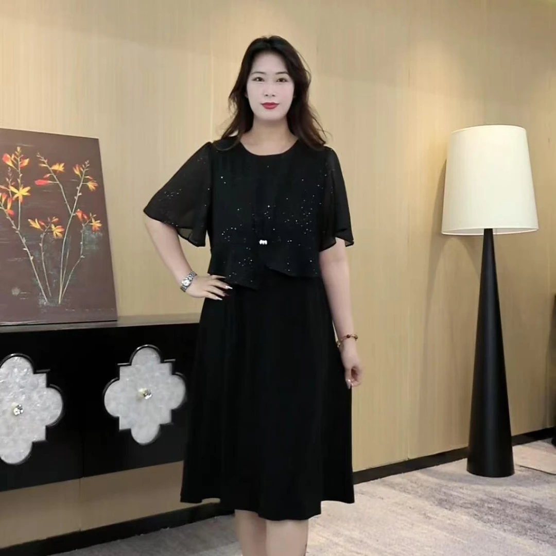 薇姐大码女装2025夏季新款气质百搭时尚显瘦遮肉连衣裙ZB7383