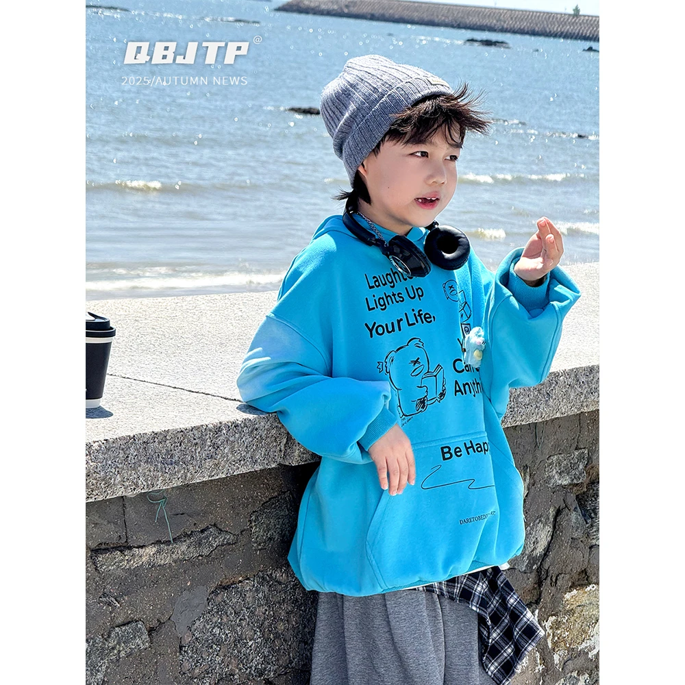 Q宝家童品9月新款男童卫衣秋季儿童扎染连帽套头衫宝宝韩版上衣潮