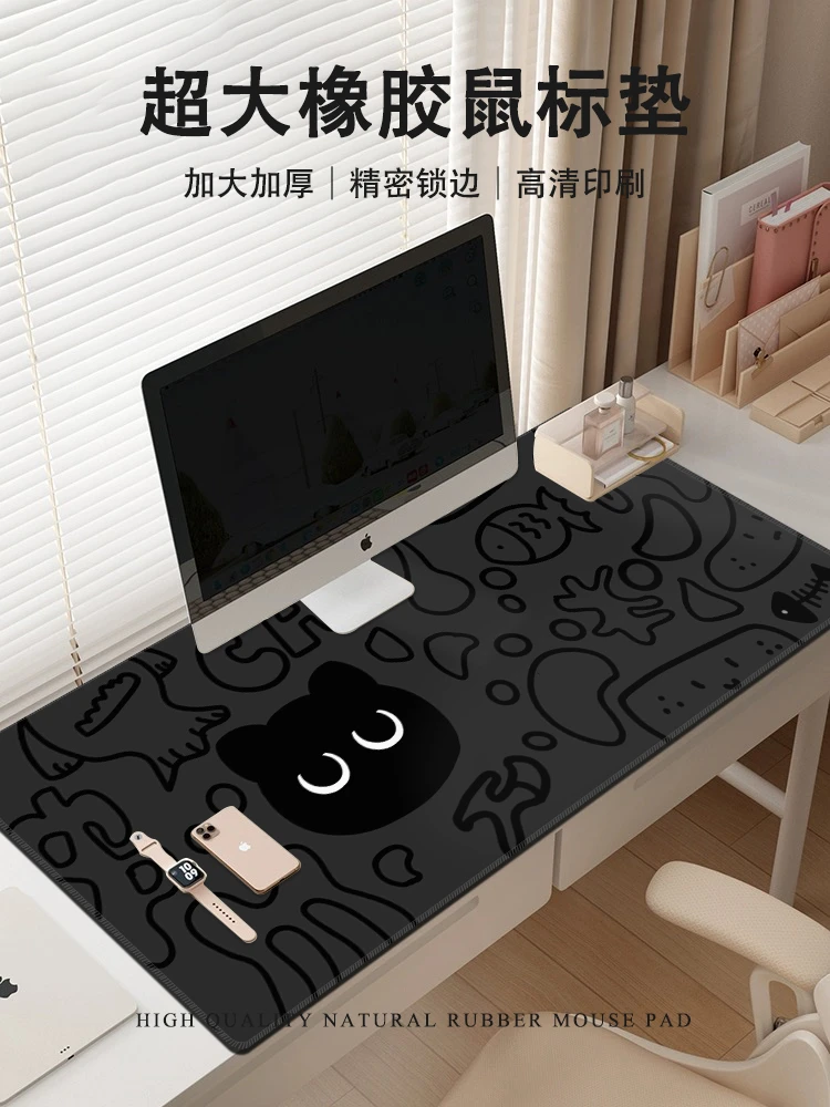 可爱小黑猫鼠标垫大号防水办公电脑桌垫加厚护腕防滑