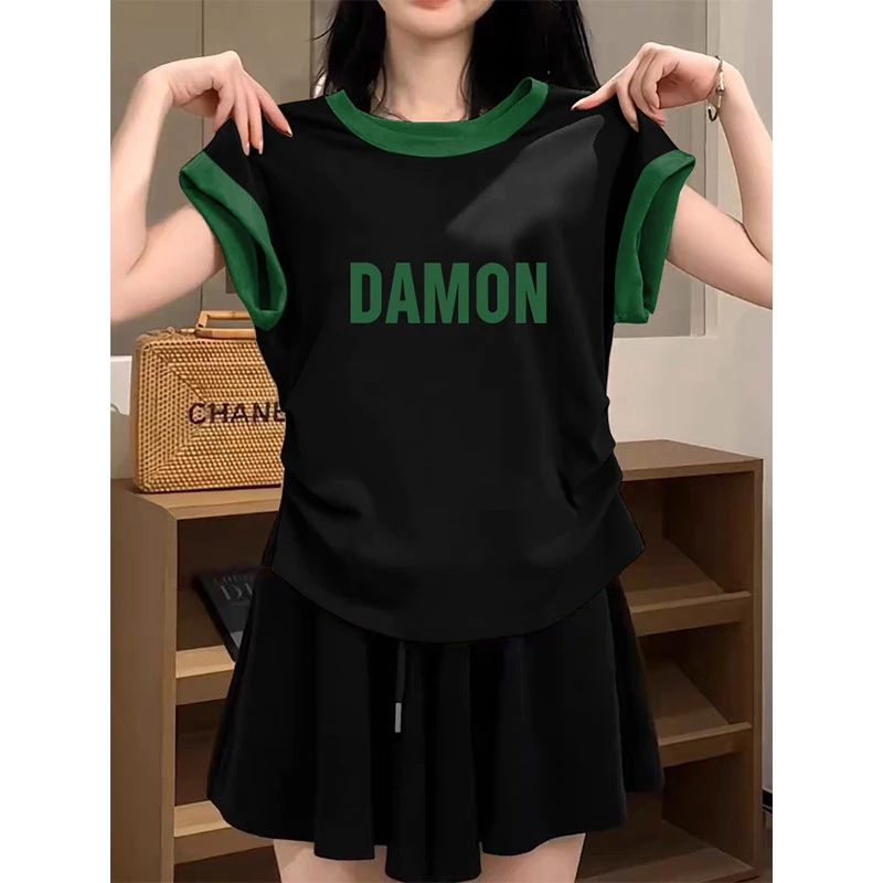 小飞袖拼色收腰褶皱短袖t恤女春夏季2025新款设计感修身显瘦上衣