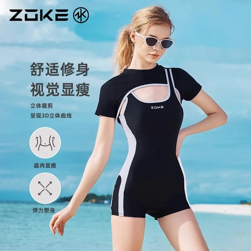 洲克泳衣女连体平角黑色泳衣不规则女款运动训练保守游泳衣女