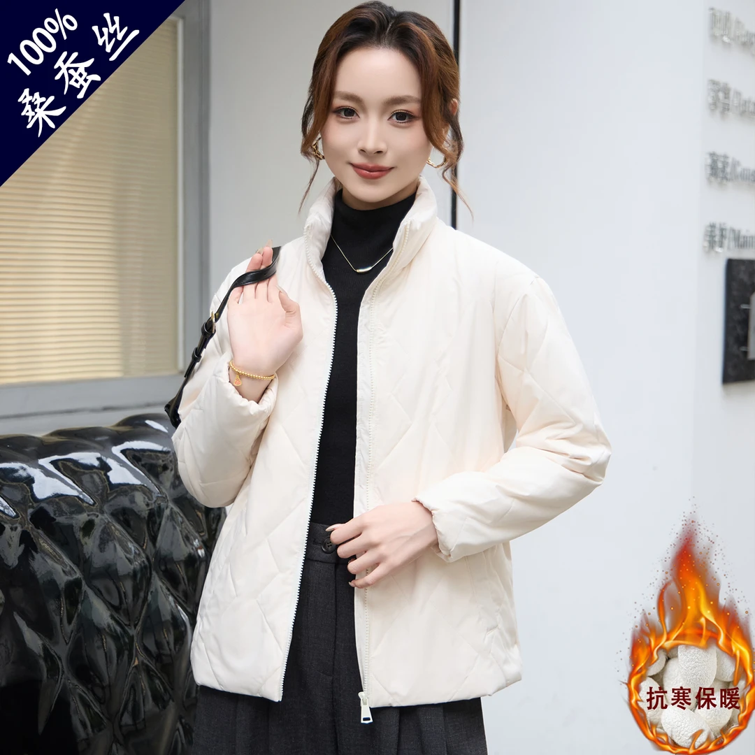 桑蚕丝保暖棉袄立领保暖时尚秋冬高领棉衣棉服纯色女士外套百搭