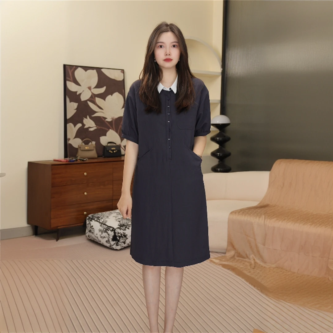 藏青色衬衫连衣裙女夏季2025年新款时尚气质显瘦轻熟风中长款裙子