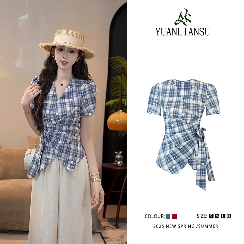 YUANLIANSU/圆脸酥【雾蓝海岸】夏季复古小众设计感蓝色格子衬衫