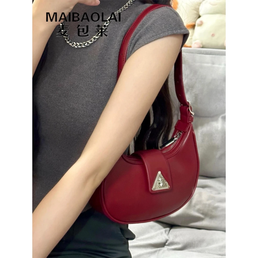 小众红色月牙包牛角包高级感新娘结婚包腋下包单肩斜挎包日常可用