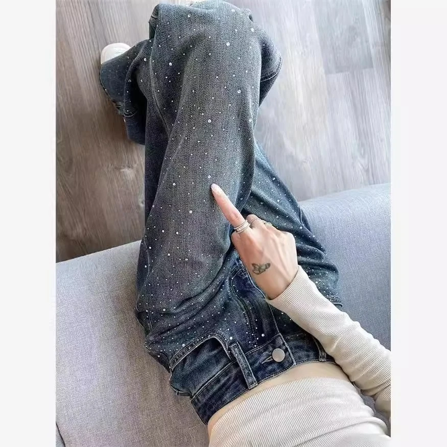 烫钻窄版阔腿牛仔裤女2025新款春夏高腰宽松设计感高街直筒拖地裤