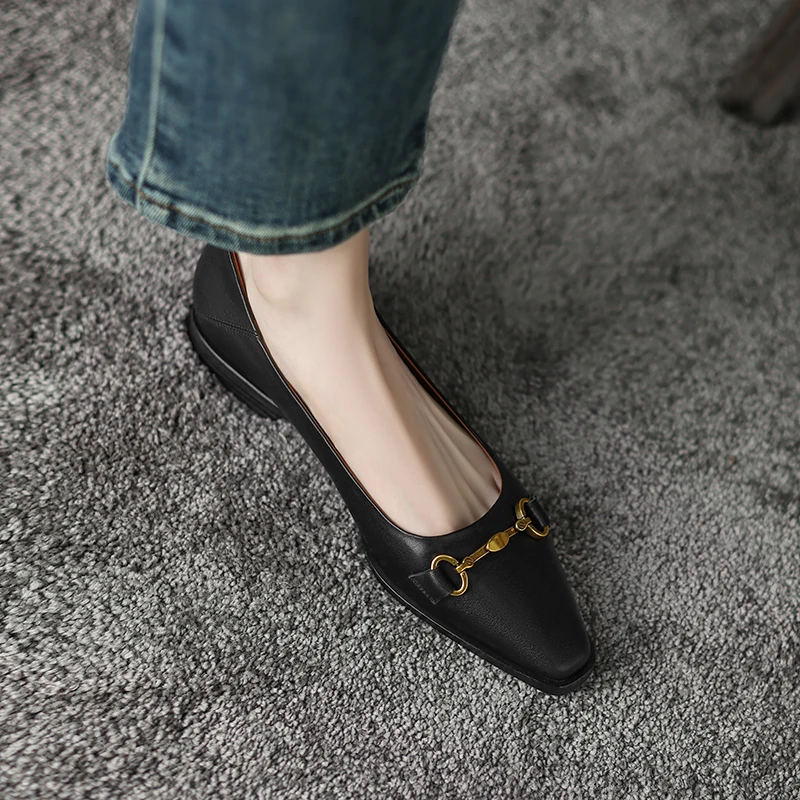 李大龙~羊皮2公分/春季休闲罗马风低跟女鞋百搭浅口粗跟尖头单鞋