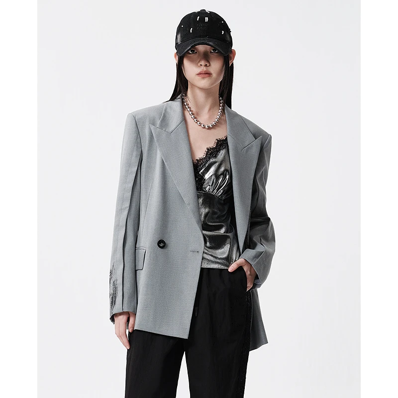 D63女装25春季气质灰色印花设计感长袖翻领西装短外套5F1W68076