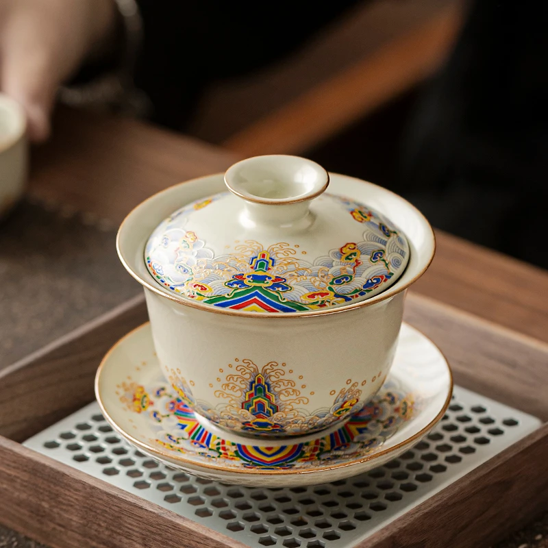 煌山【直播专享】3263汝窑素语江崖盖碗三件套家用高档防烫泡茶具