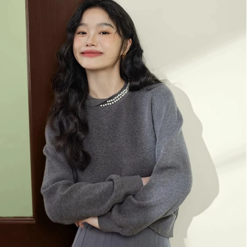 慵懒风洋气时髦灰色珍珠打底针织衫上衣女装秋冬外穿套头内搭毛衣