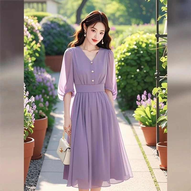 法式紫色雪纺连衣裙女2025新款夏季轻奢高级感独特漂亮中长款裙子