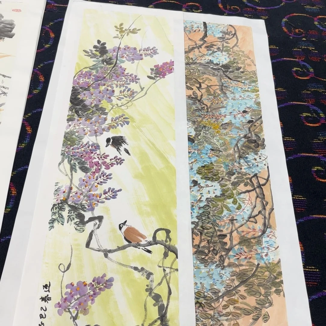 国画冷**声师亚兰四尺对开花鸟作品婉