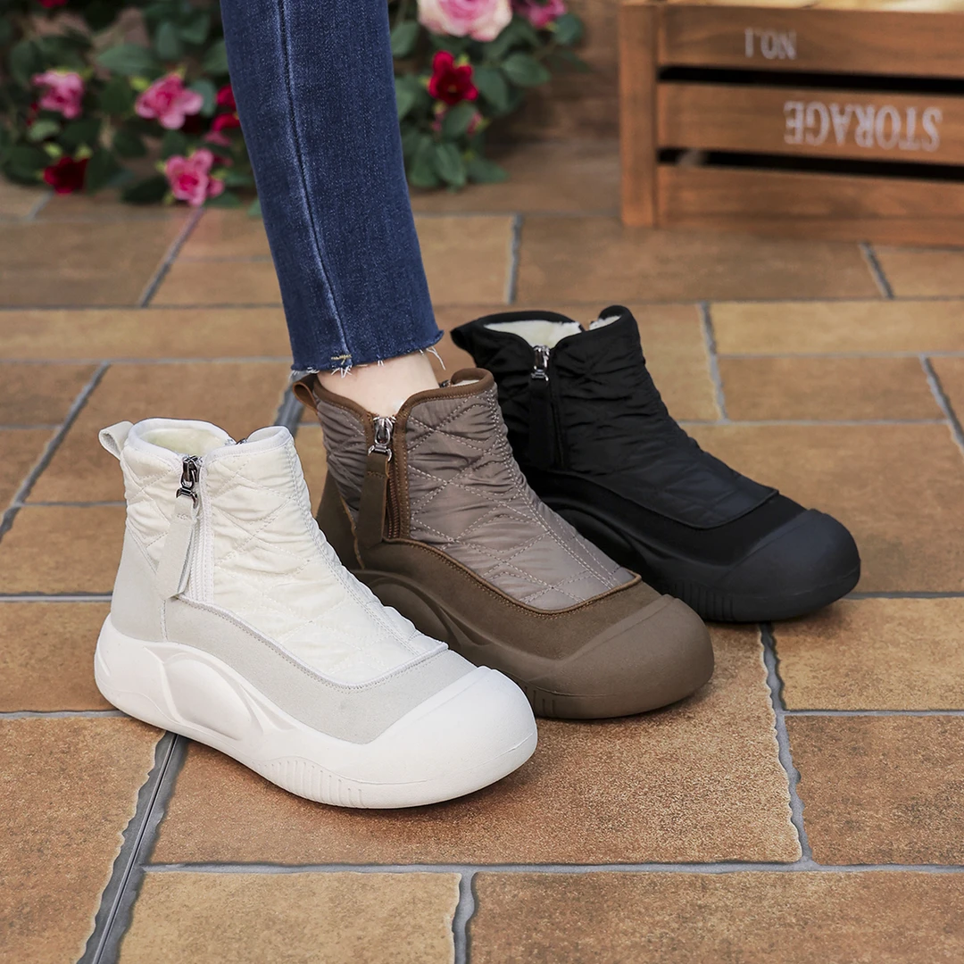 冬季新款高帮雪地靴圆头平底女靴加绒加厚防滑保暖女鞋侧拉链