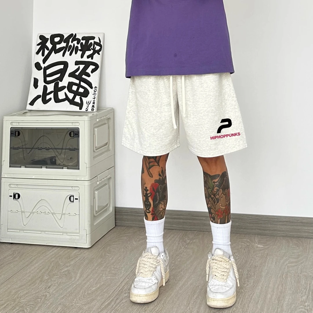 HIP潮牌花灰色运动短裤美式ins男士纯棉大码宽松字母印花五分裤子