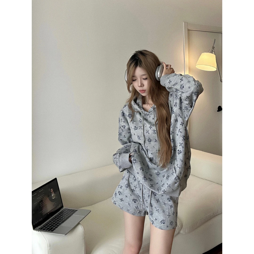 美式复古连帽运动卫衣睡衣女款秋季新款辣妹短裤家居服套装可外穿
