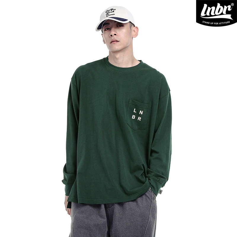 LNBR24秋冬绿色口袋字母长袖T恤男宽松纯棉百搭青少年打底衫大码