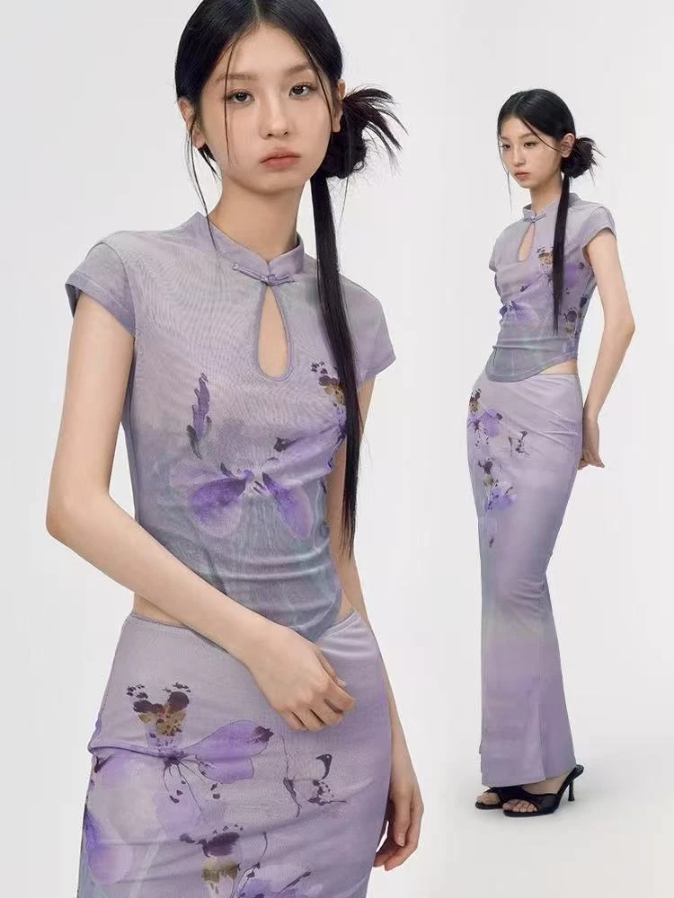 D10/11-2三色“中式领”短袖半身裙套装